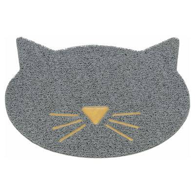 TRIXIE Cat Litter Mat with Cat Face design, grey PVC, 42x40 cm, perfect for trapping litter from feline paws.