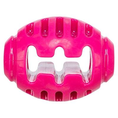 Pink Trixie rugby ball toy made of soft and strong TPR material, designed for dogs, with a compact 8.5x6x6 cm size.