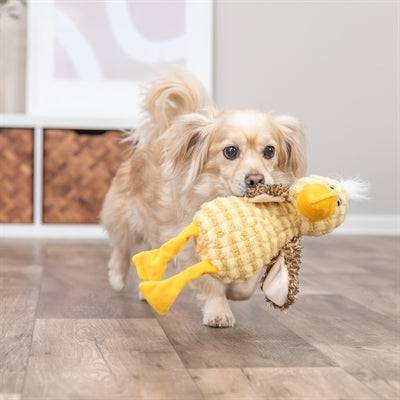 Yellow Trixie plush bird toy for pets, 38 cm long, soft and lightweight, ideal for playful chewing and interactive fun.
