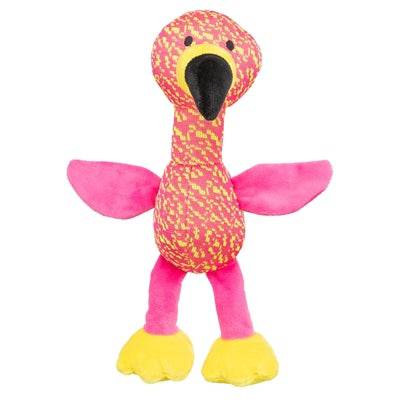Pink and yellow Trixie flamingo fabric toy for pets, measuring 32x12x11 cm, soft and colorful pet chew toy.