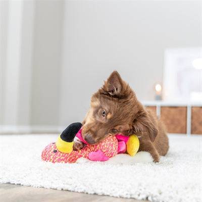 Trixie flamingo fabric toy in pink and yellow, 32x12x11 cm, soft plush leksaker for pets.