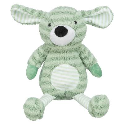 Green Trixie striped plush dog toy, 34 cm long, with soft fabric and playful design, ideal for dogs to chew and cuddle.