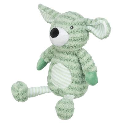 Green striped plush dog toy by TRIXIE, 34 cm long, soft and cuddly, designed for dogs to chew and play with.