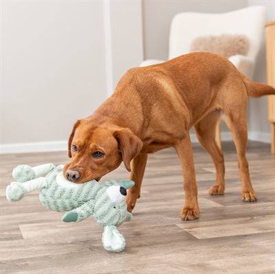 Trixie striped plush dog toy in green, 34 cm, soft and durable for play and chewing, made by Trixie.