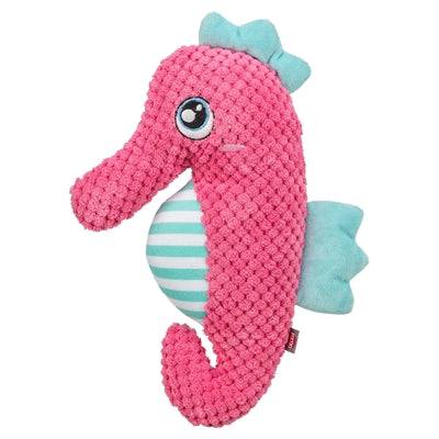 Pink and aqua Trixie seahorse fabric toy for dogs, measuring 28x15.5x7.5 cm, soft and plush for playful chewing and cuddling.