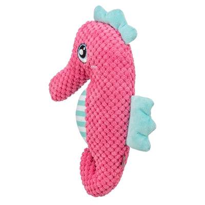 Pink and aqua Trixie seahorse fabric toy for pets, measuring 28x15.5x7.5 cm, soft and colorful pet chew toy.