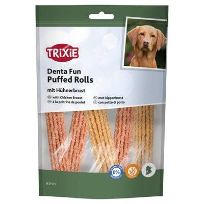 Trixie Denta Fun Puffed Rolls with Chicken Breast, 100g dog chew snack, Trixie brand, showing crunchy textured rolls.