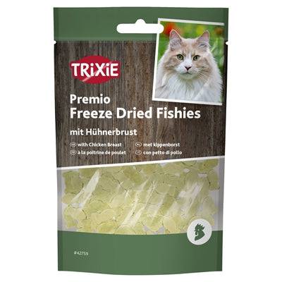 Trixie Freeze-Dried Fishies with Chicken Breast Tugg Snacks in 20g package, showing the colorful fish and chicken treats.
