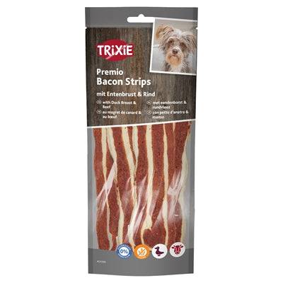 Trixie Premio Bacon Strips with Duck Breast and Beef, 80g, dog snacks from Trixie TUGG line featuring bacon, duck, and beef flavor.