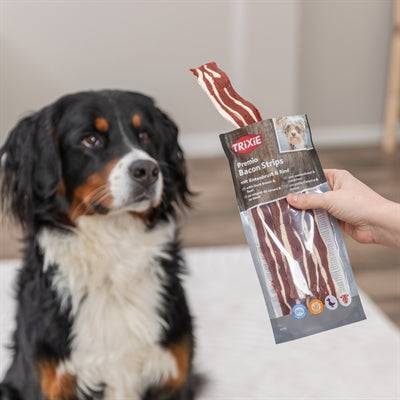 Trixie Premio Bacon Strips with Duck Breast and Beef, 80g, TUGG pet snack with bacon, duck, and beef for dogs.