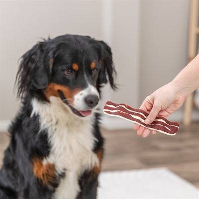 TRIXIE Premio Bacon Strips with Duck Breast and Beef, 80g, savory dog snacks in a resealable package.