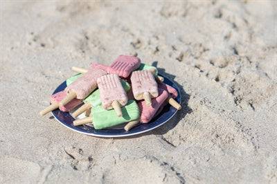 Trixie Sommar Ice Pop Red 55g for pets, showing a red frozen treat on a stick in a clear container.