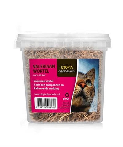 Utopia Valerian Root for Cats supplement in 50g package, natural herbal remedy for feline relaxation and stress relief.