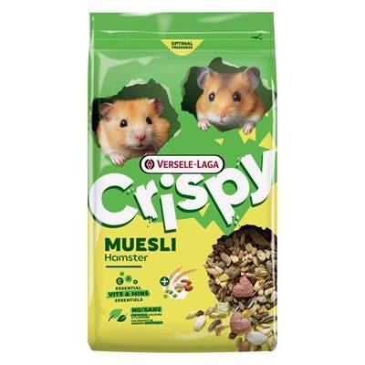 Versele-Laga Crispy Muesli hamster food in 750g bag, natural rodent feed with crispy grains for hamsters.
