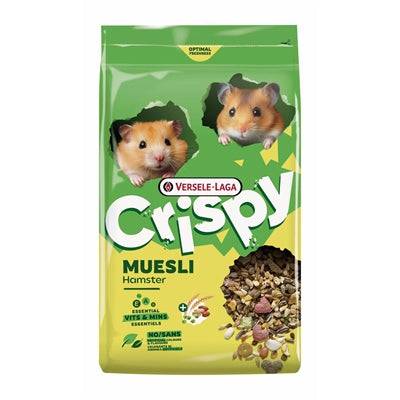 Versele-Laga Crispy Muesli hamster food in 750g bag, natural hamster feed with crunchy cereal mix for small pets.