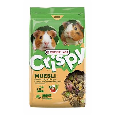 Versele-Laga Crispy Muesli Cavia, 850g, guinea pig food in a clear bag with colorful grains and pellets, suitable for small pets.