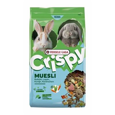 Versele-Laga Crispy Muesli Rabbit Torrfoder 850 g, a nutritious rabbit feed with a mix of grains and ingredients in a bag.