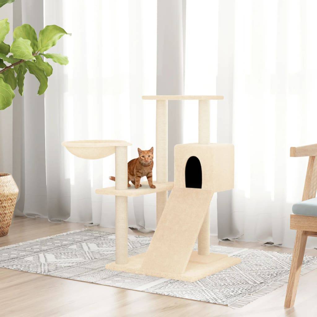 Cream-colored VidaXL cat tree with sisal scratching posts, 82 cm tall, designed for cats to climb, scratch, and rest.