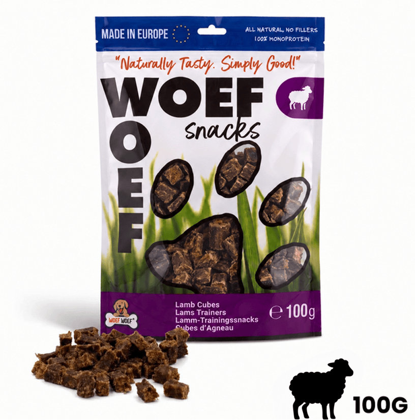 Woefwoefsnacks Natural Lamb Puppy Training Treats in a 100g bag, ideal for training and rewarding young dogs.