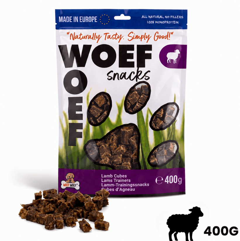 Natural lamb puppy training treats in a 100-gram pack by Woefwoefsnacks, perfect for training dogs with tasty hondenkoekjes.