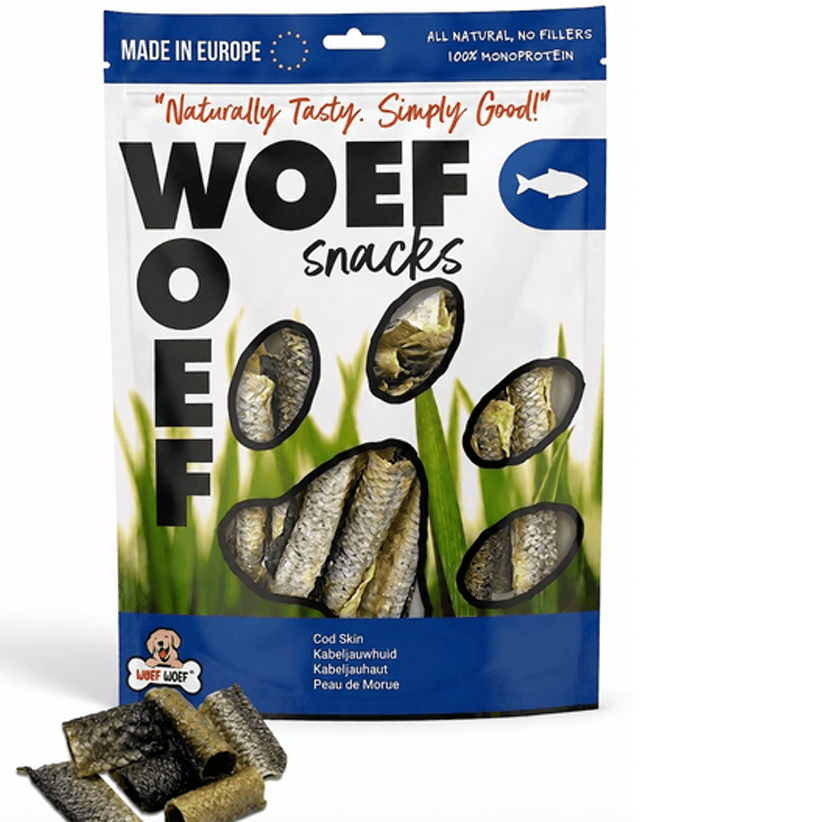 Natural Cod Skin Dog Chew from Woefwoefsnacks, dried fish skin treats for dogs in 50g package.