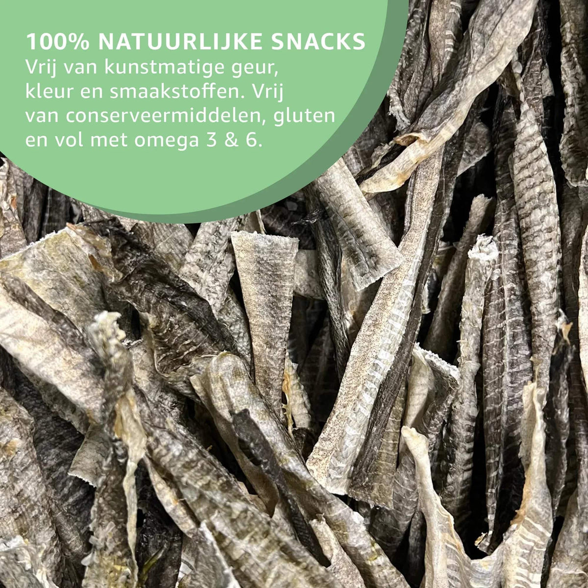 Natural Cod Skin Dog Chew from Woefwoefsnacks, dried fish skin treat for dogs, shown in 50-gram package.