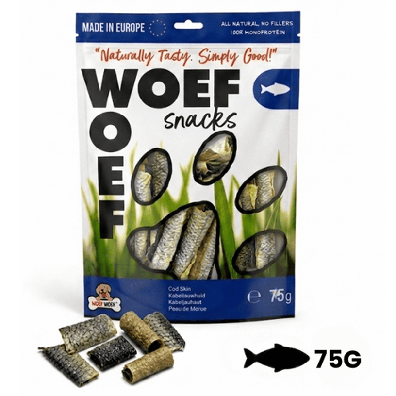 Natural Cod Skin Dog Chew from Woefwoefsnacks, dried fish skin treats for dogs, shown in 50-gram package.