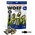 Natural Salmon Skin Dog Chew by Woefwoefsnacks, showing crispy salmon skin hondenkkoekjes in 50g package