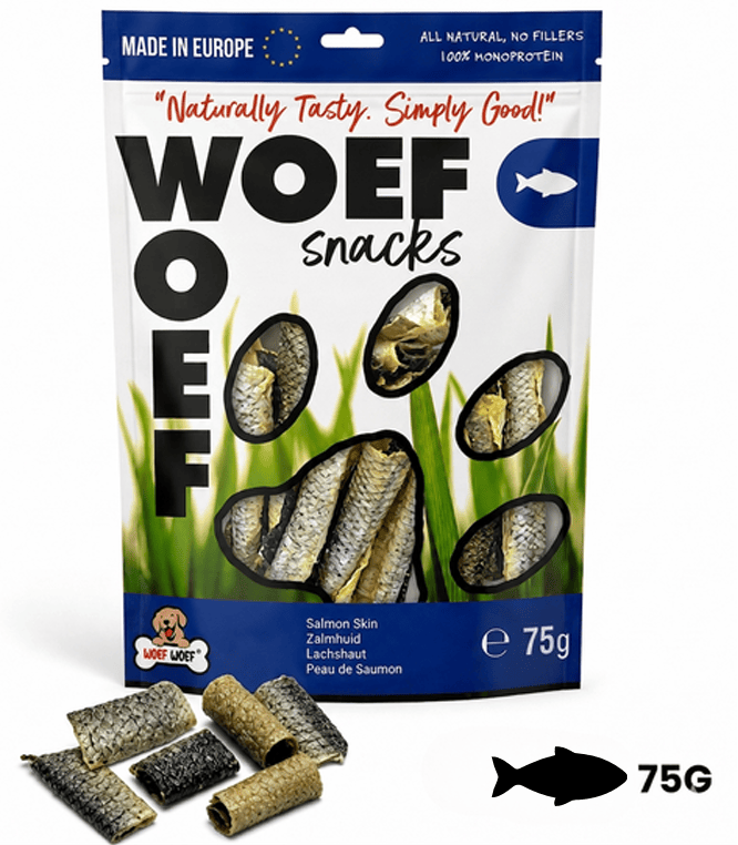 Natural salmon skin dog chew from Woefwoefsnacks, crispy hondenkoekjes made with healthy salmon skin for dogs.