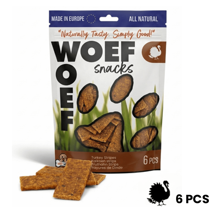 Woefwoefsnacks natural turkey strips dog treats in a package of six, showing the dog-friendly turkey treat pieces.