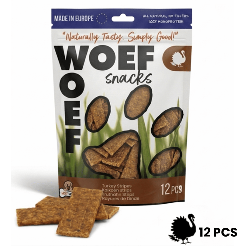 Natural turkey strips dog treats in a package of six by Woefwoefsnacks, showing the crispy, healthy hondenkoekjes for dogs.