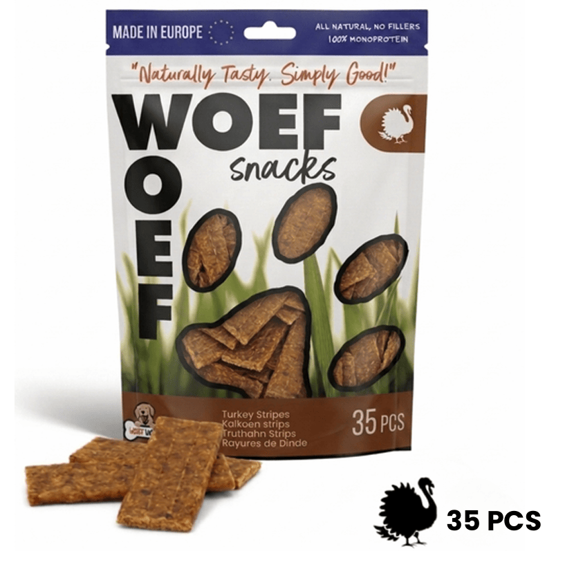 Woefwoefsnacks natural turkey strips dog treats in a pack of six, demonstrating chewy, healthy hondenkoekjes for dogs.