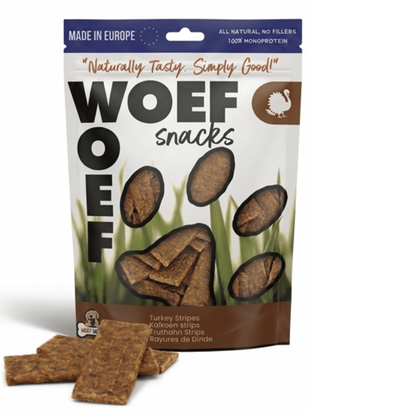 Natural turkey strips dog treats in a package of six, made by Woefwoefsnacks, Hondenkoekjes for tasty canine snacks.