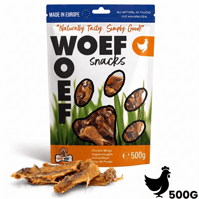 Woefwoefsnacks Natural Chicken Wings Dog Treats in 60g pack, Hondenkoekjes made with real chicken for dogs.