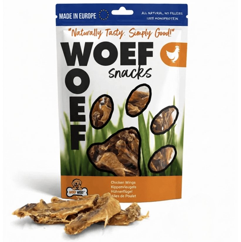 Woefwoefsnacks Natural Chicken Wings Dog Treats in 60g pack, crunchy hondenkoekjes made from real chicken wings for dogs.