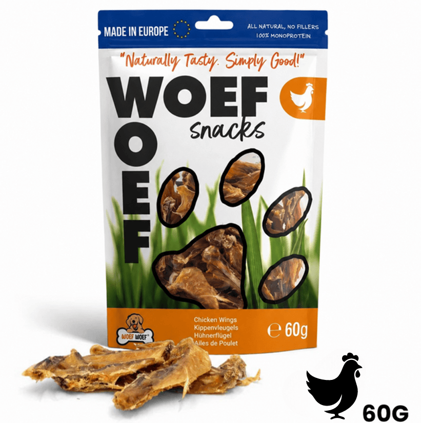 Woefwoefsnacks Natural Chicken Wings Dog Treats in 60g package, crispy hondenkoekjes made from chicken wings for dogs.