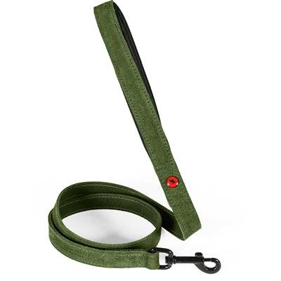 Zolux Expert Premium Leather and Neoprene dog lead in green, with durable handle and metal clip for secure walking.