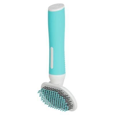 Zolux Anah Soft Puppy Slicker Brush in blue and white, 6.5x4x16.5cm, ideal for gentle grooming of small dogs.