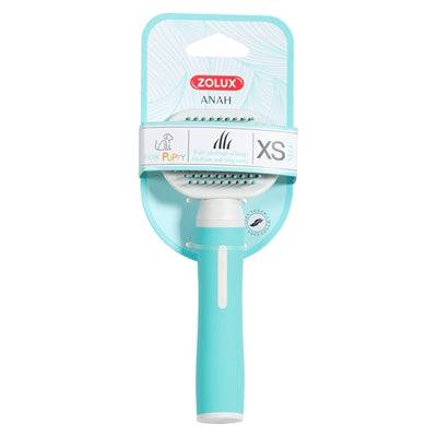 Zolux Anah Soft Puppy Slicker Brush in blue and white for gentle grooming of small dogs, 6.5 x 4 x 16.5 cm.
