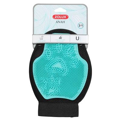 Zolux Anah 2-in-1 grooming glove with TPR and polyester, designed for pet grooming, in a natural hand position.