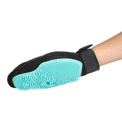 Zolux Anah 2-in-1 grooming glove with TPR and polyester, designed for pet grooming, shown in black with textured surface.