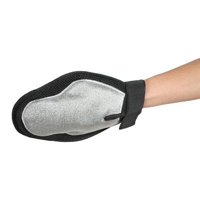Zolux Anah 2-in-1 grooming glove with TPR and polyester, for pet grooming, shown in a natural hand-coverage position.
