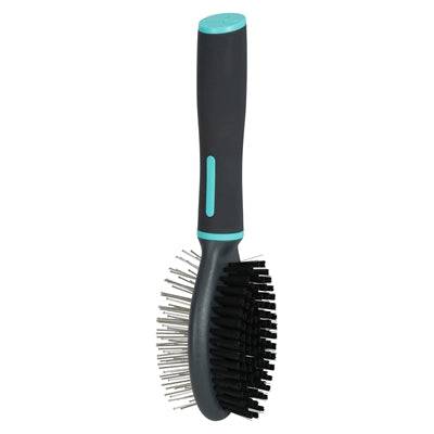 Zolux Anah double-sided pet grooming brush with black and blue sides, compact size, ideal for gentle coat brushing.