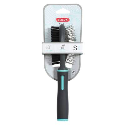 Zolux Anah Double-Sided Brush in black and blue, KAMMAR/BORSTAR, showing bristles and ergonomic handle for pet grooming.