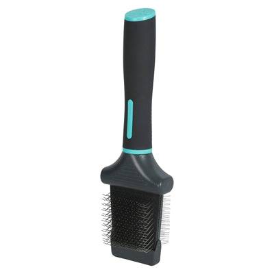 Zolux Anah double-sided flexible slicker brush in black and blue for grooming pets, with ergonomic handle and fine bristles.