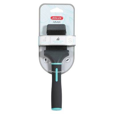 Zolux Anah double-sided flexible slicker brush for pets, black and blue, with fine and coarse bristles in a compact design.