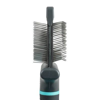 Zolux Anah double-sided flexible slicker brush for pets, black and blue, with fine and coarse bristles for grooming.