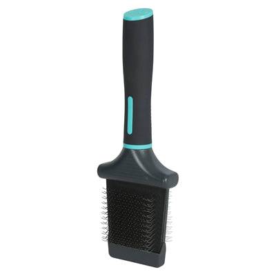 Zolux Anah double-sided flexible slicker brush in black and blue for grooming pets, featuring a compact design.