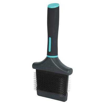 Zolux Anah double-sided flexible slicker brush in black and blue, designed for grooming pets with gentle, effective bristles.