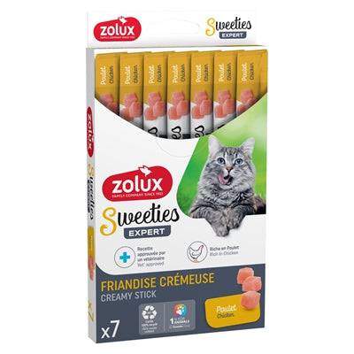Zolux Sweeties Expert Creamy Stick Chicken soft snack for pets, 7 packs of 14g each, in colorful packaging showing the product.
